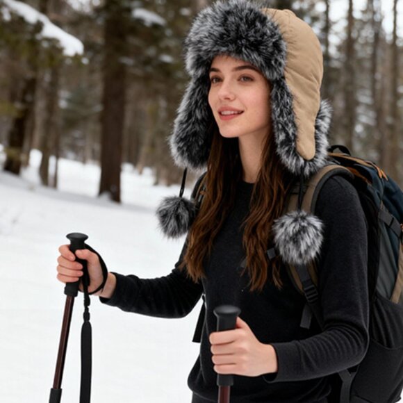 Women’s Faux Fur Trapper Hat with Pom-Poms – Warm Ear Flap Winter Hat main image 2